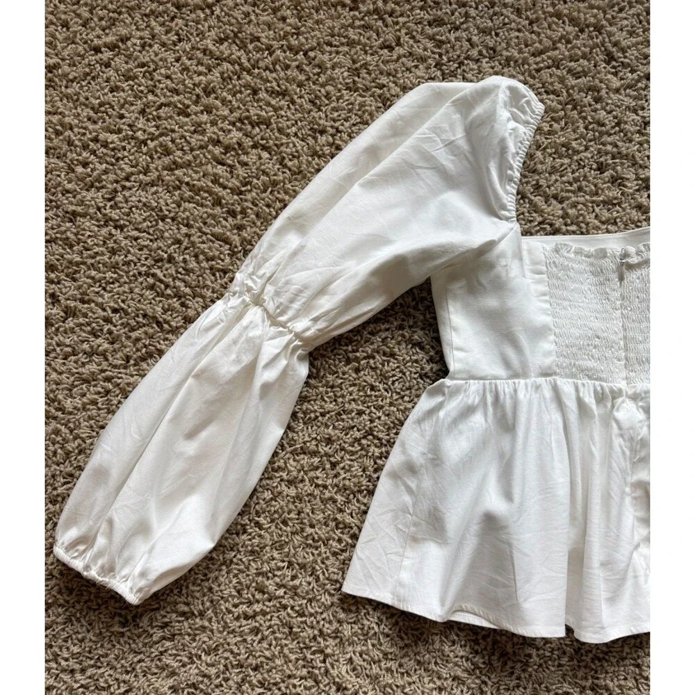 Reformation Organic Cotton Puff Sleeve Peasant Top Smocked Back Ivory Size 2